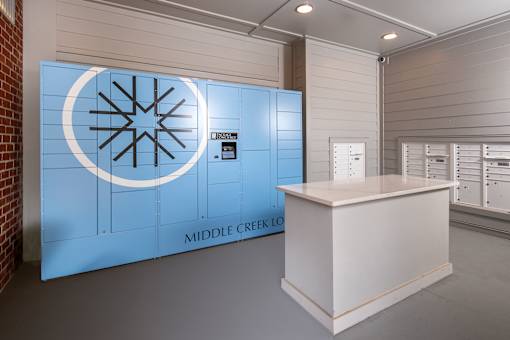 Resident mailroom with blue parcel lockers, built-in mailboxes, and a center counter, providing a streamlined and secure package retrieval experience.