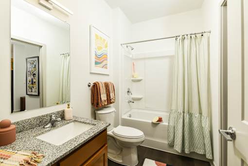 Modern bathroom with ample counter space, warm wood cabinetry, and a full bathtub with shower and curtain.