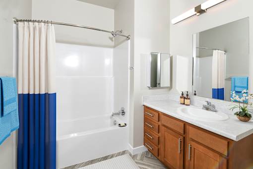 A white and blue bathroom with a white sink and a white and blue shower curtain.