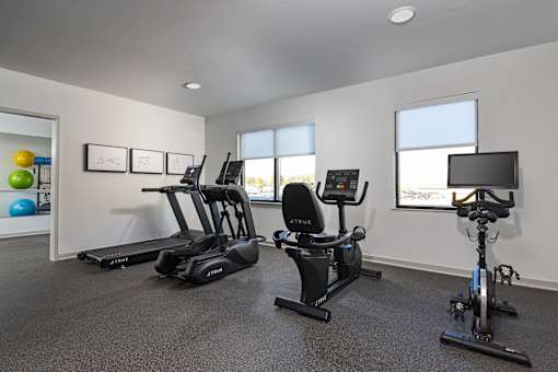 Modern fitness room with treadmills, exercise bikes, and an elliptical, offering a variety of options for cardio workouts.
