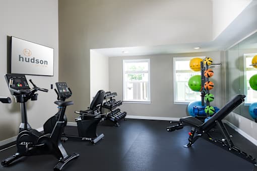 A gym with a row of treadmills and exercise balls.