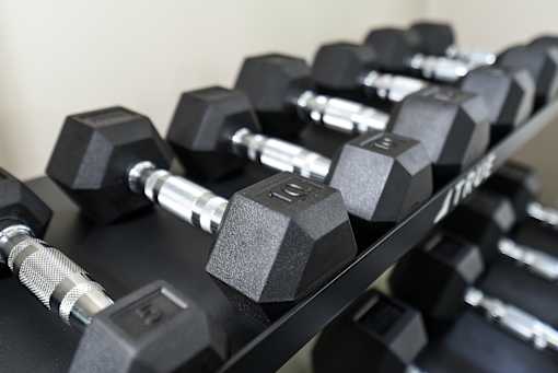 A rack of black dumbbells with silver collars.