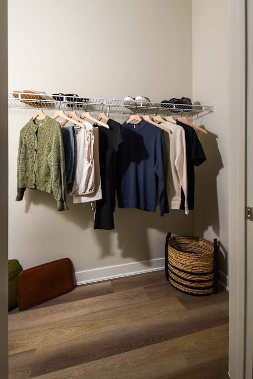 Model apartment walk-in closet at The Davis II in Cleveland, featuring hanging clothes, upper shelving, and storage baskets.