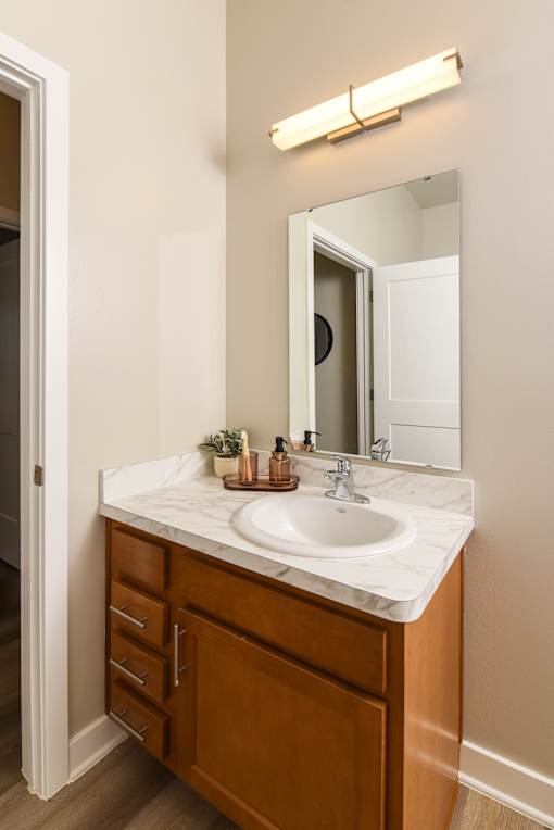 Model apartment bathroom vanity at The Davis II in Cleveland, featuring a white countertop with sink, wood cabinetry, a large wall mirror, and neutral finishes.