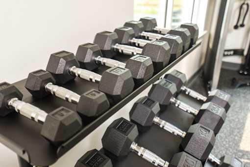 Fitness center at The Davis II in Cleveland, featuring rows of dumbbells organized on multi-tier weight racks.