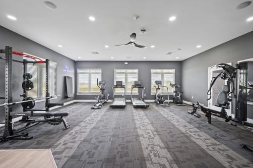a gym with weights and cardio machines and windows