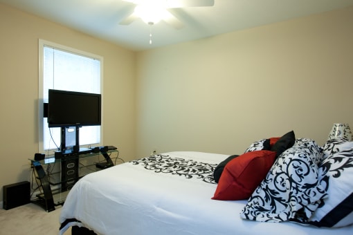 a bedroom with a bed and a tv