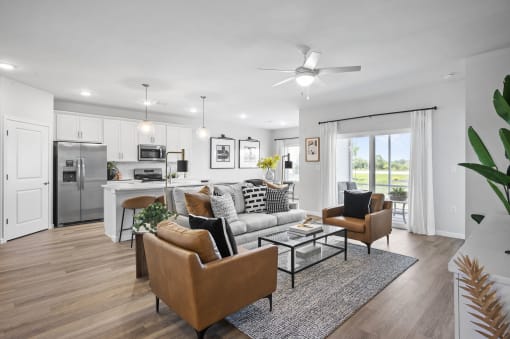 a living room with a couch and a table