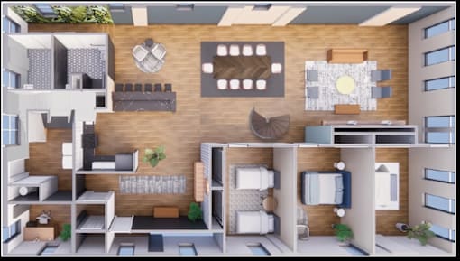 A 3D rendered image of a modern apartment layout.