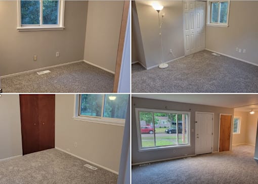 A series of four images showing an empty room with a window, a door, and a carpeted floor.
