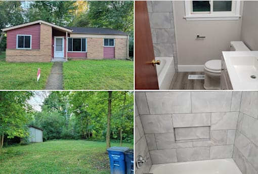 A red house with a white door and windows, a bathroom with a toilet, sink, and shower, and a green lawn with a blue trash can.