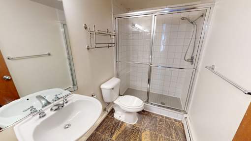 A bathroom with a white sink, toilet, and a walk-in shower.