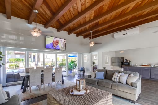 a living room with a couch and a table