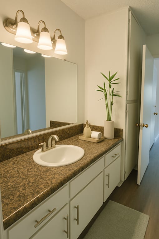 Modern bathroom with granite-style vanity and large mirror.