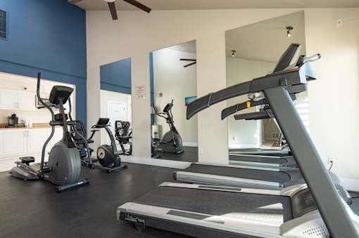 A gym with treadmills, elliptical machines, and other exercise equipment.