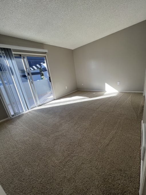 an empty living room with a sliding glass door and carpet