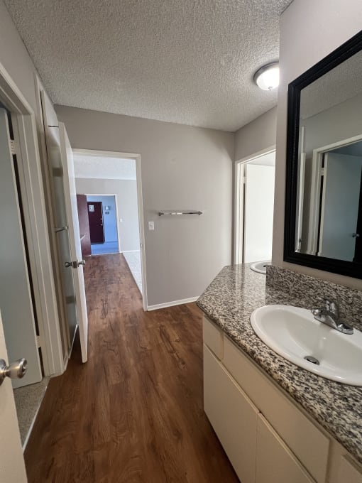 a bathroom with a sink and mirror and a hallway with a door to a bedroom