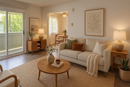A living room with a white couch, a coffee table, and a painting on the wall.