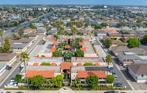 A view of a residential area with houses and palm trees.
