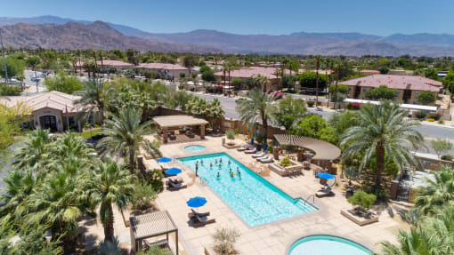 Mediterra Apartment Homes Aerial Building & Pool View