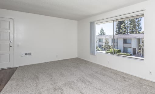 an empty living room with a large window and carpet