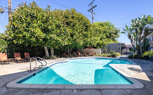 A small pool with a blue tinted water surrounded by trees and chairs.