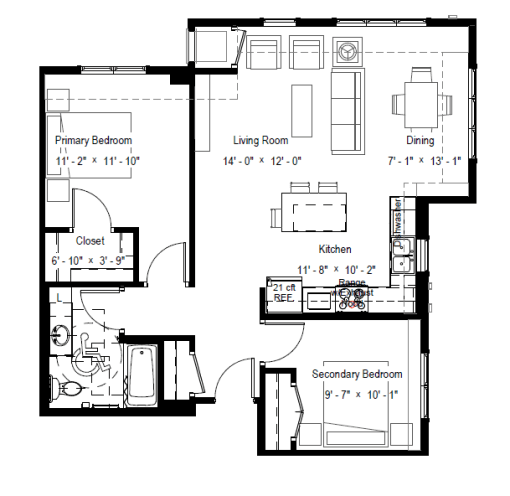 Two Bedroom floor plan at Owasso Gardens, Roseville, MN, 55113