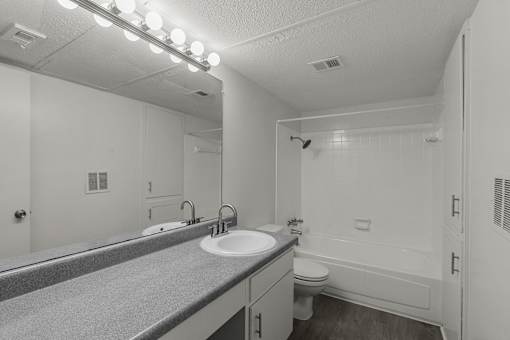 A bathroom with a sink, mirror, and toilet.