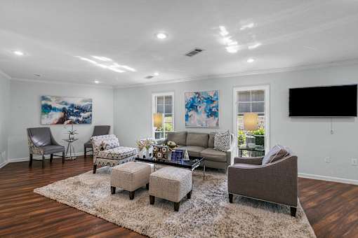 A living room with a grey sofa, a grey armchair, a grey ottoman, a white rug, and a painting on the wall.