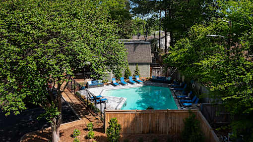 A backyard with a pool surrounded by trees.