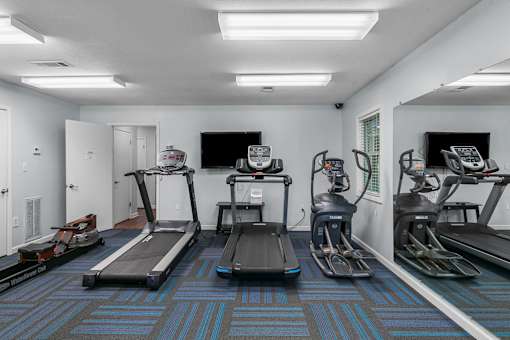 A gym with treadmills, elliptical machines, and a rowing machine.