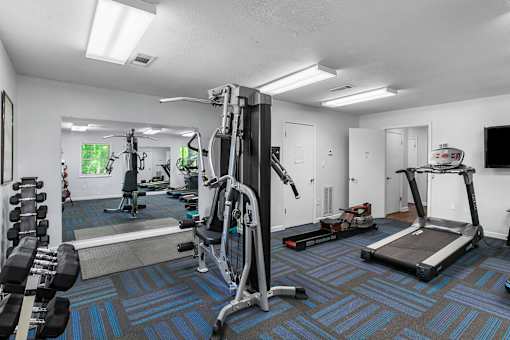 A gym with a variety of equipment including a treadmill, weights, and a bench press.