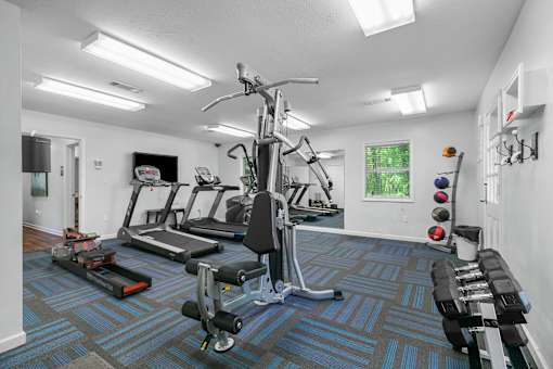A gym with a variety of equipment including a treadmill, a rowing machine, a bench press, and a squat rack.
