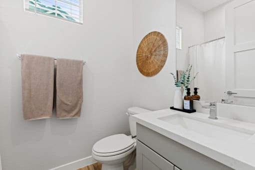 a bathroom with a toilet and a sink and a mirror at Village of Chandler Apartments, Arizona, 85249
