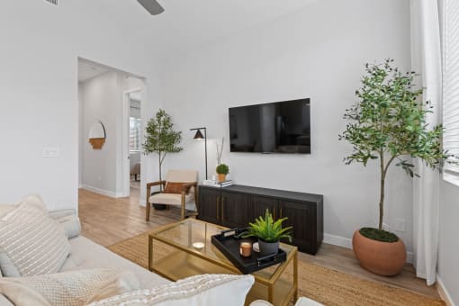 a living room with a couch and a tv at Village of Chandler Apartments, Chandler, AZ