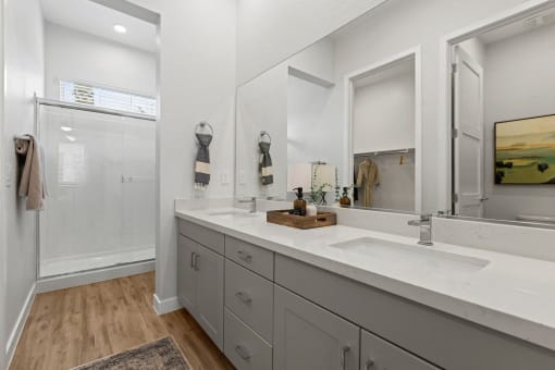 a bathroom with a sink and a shower and a mirror at Village of Chandler Apartments, Chandler, Arizona