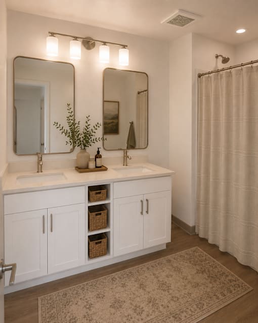 A bathroom with a white vanity and a shower curtain.