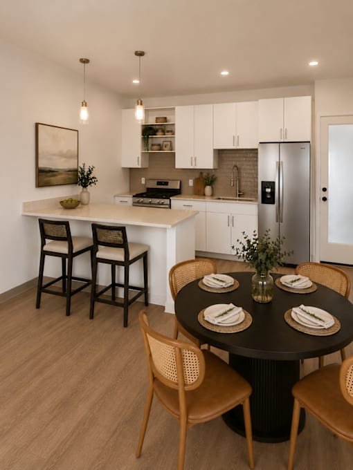 A modern kitchen with a dining table set for four.