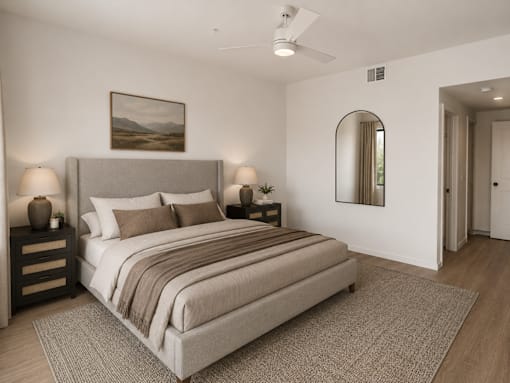 A bedroom with a large bed and a painting on the wall.
