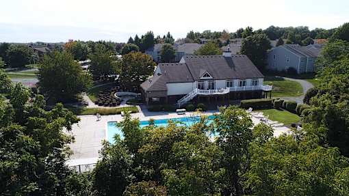 aerial of clubhouse and pool
