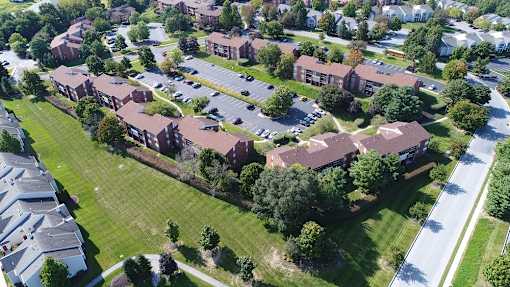 aerial shot of brick buildings
