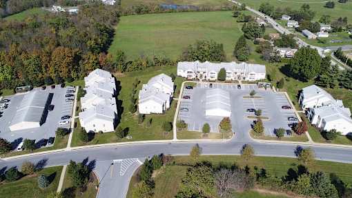 aerial view of gardens and garages
