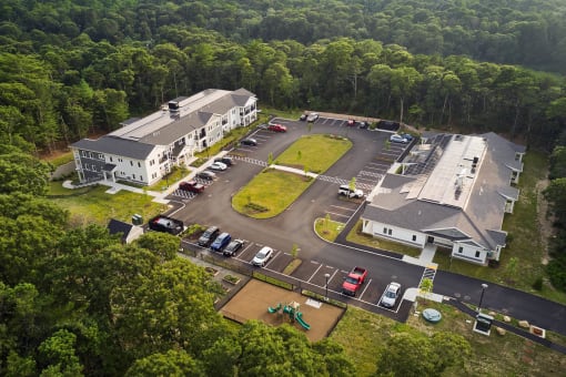 arial view of a building and parking lot