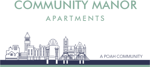 a logo for community manor apartments with an illustration of the buildings of the city