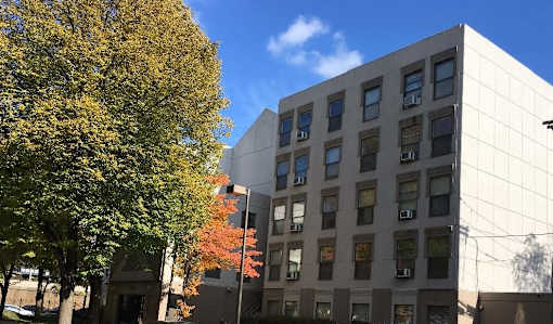 A tall building with many windows is surrounded by trees.