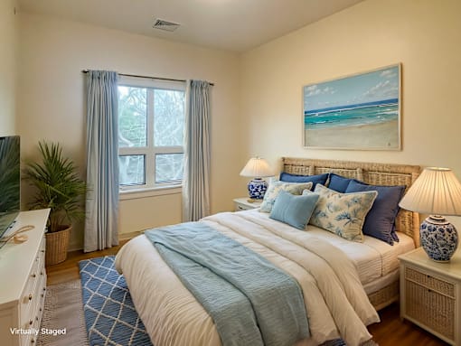 A bedroom with a large bed and a painting of a beach on the wall.