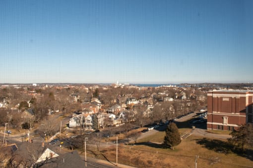 a view of the city from the top of a building