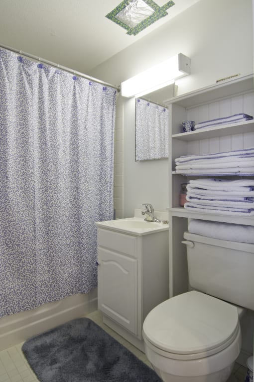 a small bathroom with a white toilet and sink and a blue shower curtain