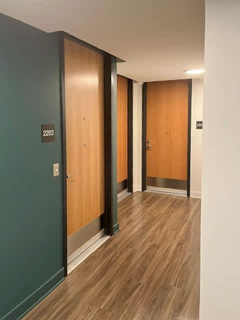 A hallway with two doors and a green wall.