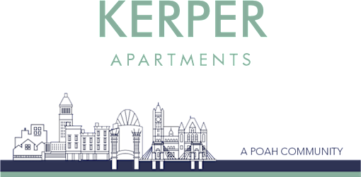an illustration of a city with a green background and the words keeper apartments